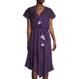 Parker Floral Print Short Sleeve Ruffle Blouson Midi Dress Purple Size XS